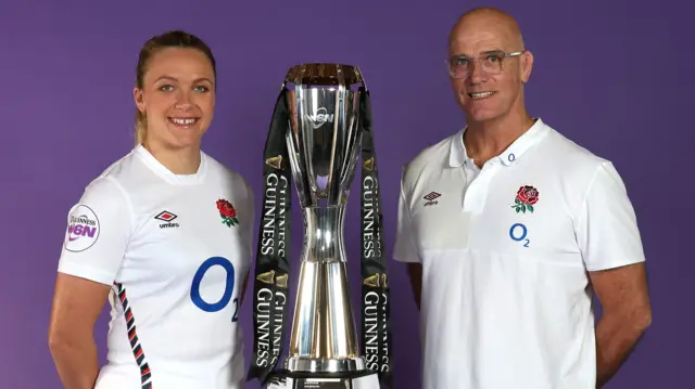 Zoe Aldcroft and John Mitchell with the Women's Six Nations trophy