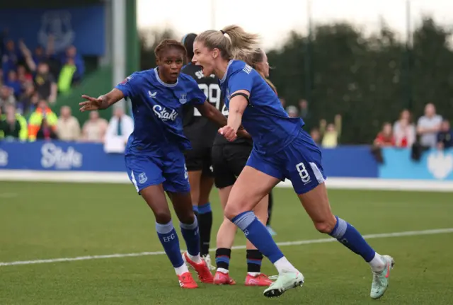 Justine Vanhaevermaet and Kelly Gago celebrate Everton's opener v Palace