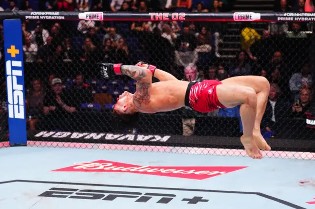 Lone'er Kavanagh of England reacts after a flyweight fight against Felipe dos Santos