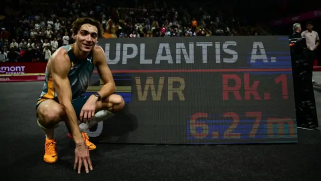 Mondo Duplantis after breaking the world record in February 2025