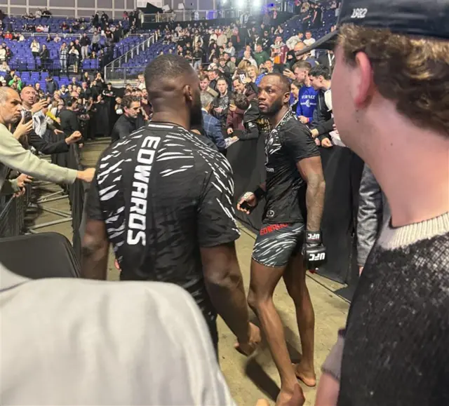 Leon Edwards walking backstage at the O2 Arena after losing to Sean Brady