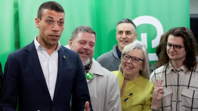 Greens Party supporters surround co-leader Jonathan Pedneault at the campaign launch in Montreal.