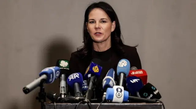 German Foreign Minister Annalena Baerbock, pictured at a press conference in Syria on Thursday