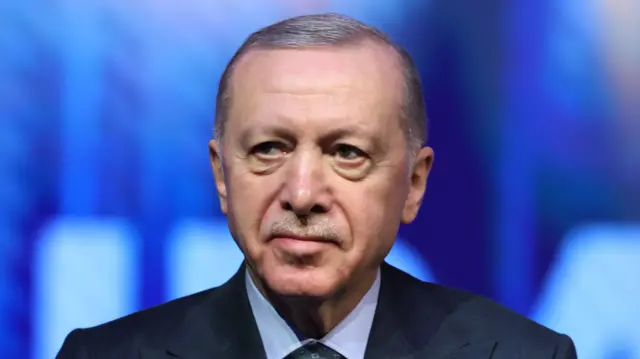 Turkish President Recep Tayyip Erdogan looks off to the left; he's wearing a blue suit and standing in front of a blue background