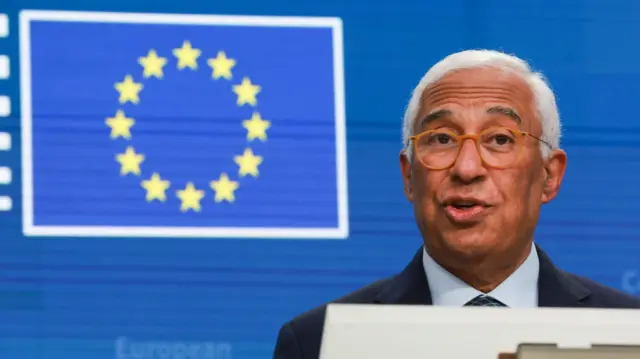 European Council President Antonio Costa speaks during the final press conference during the European Council summit in Brussels