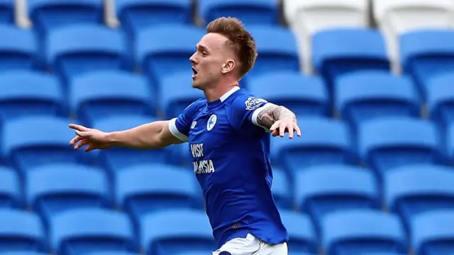 Isaak Davies celebrates scoring for Cardiff against Sheffield Wednesday