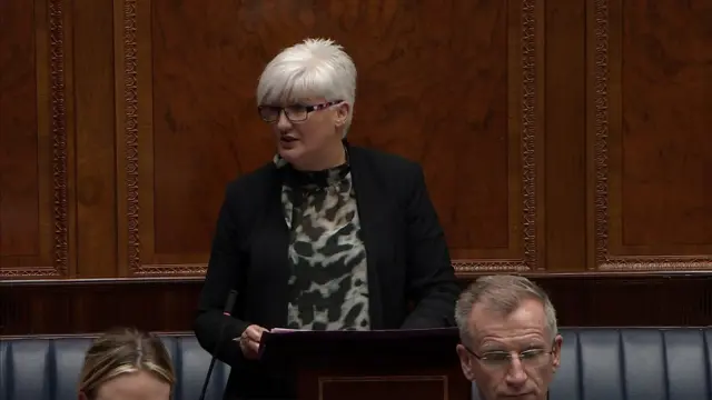 Joanne Bunting addressing the NI Assembly,  She has short, white hair and glasses. She is wearing a black jacket over a grey animal print top.