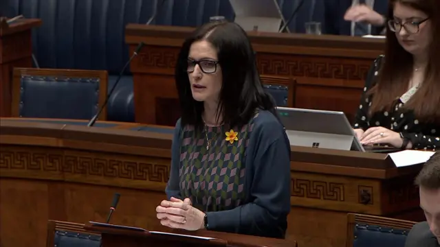 Paula Bradshaw addressing the NI Assembly.  She has shoulder-length dark hair and is wearing a navy cardigan over a navy, pink and greenpatterned dress.
