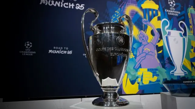 A detailed view of the UEFA Champions League trophy