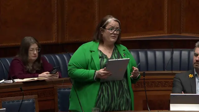 Sian Mulholland addressing the NI Assembly. She had shoulder-length fair hair and is wearing green-rimmed glasses, a bright green jacket and a black and green striped dress.