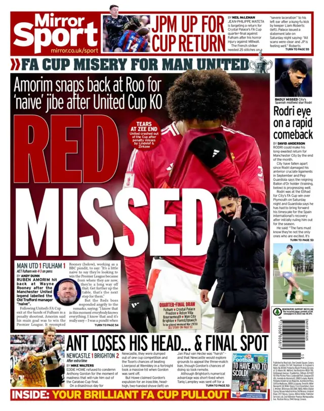 The back page of Monday's Daily Mirror