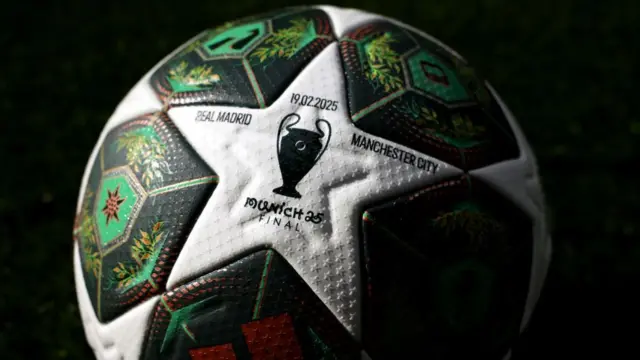 A detailed view of the adidas UEFA Champions League match ball prior to the UEFA Champions League 2024/25 League Knockout Play-off second leg match between Real Madrid and Manchester City at Santiago Bernabeu