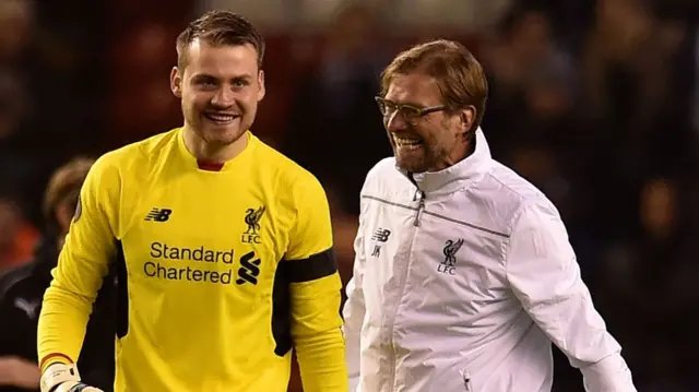 Simon Mignolet and Jurgen Klopp at Anfield in 2015