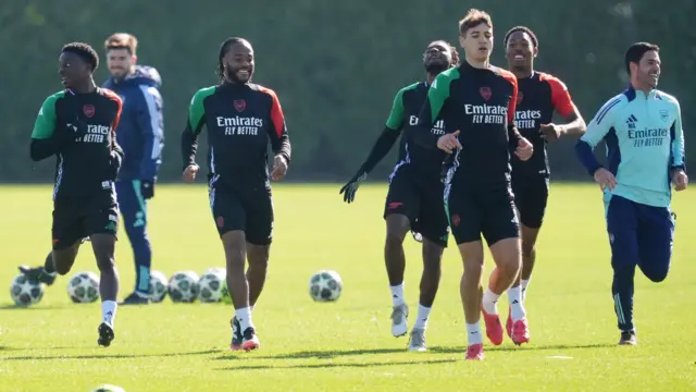 Arsenal's Raheem Sterling and team-mates during a training session