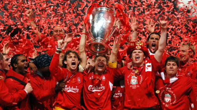 Captain Steven Gerrard of Liverpool lifts the trophy at the ceremony following the UEFA Champions League final between AC Milan and Liverpool at the Ataturk Olympic Stadium on May 25, 2005