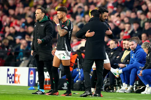 Mikel Arteta, Manager of Arsenal, embraces Mikel Merino