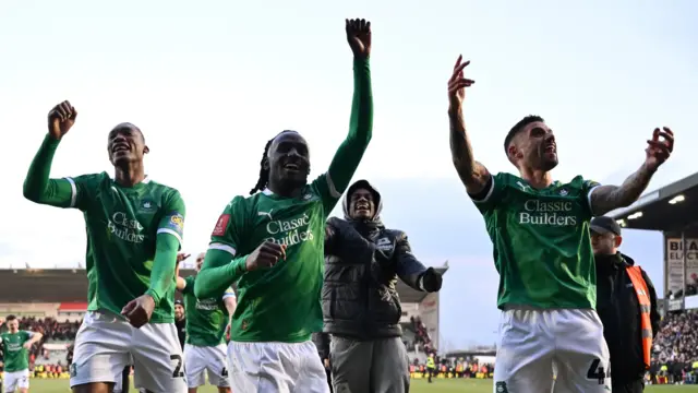 Plymouth celebrate their FA Cup win over Liverpool