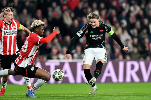 Martin Odegaard of Arsenal scores his team's sixth goal