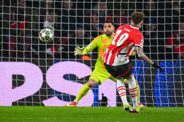 PSV Eindhoven's Dutch forward Noa Lang scores