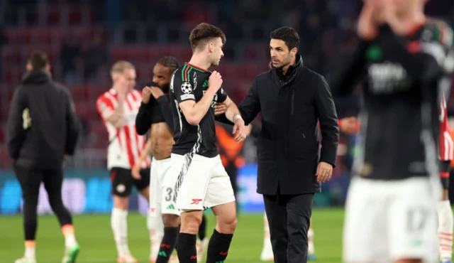 Arsenal manager Mikel Arteta and Kieran Tierney after the final whistle