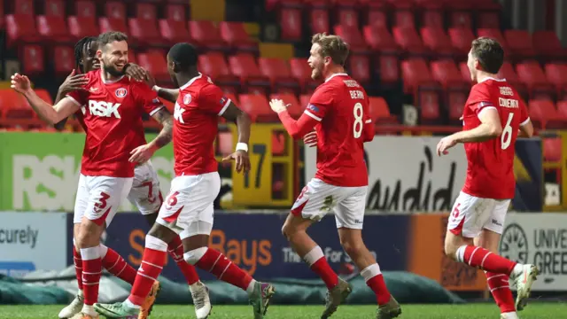 Macaulay Gillesphey celebrates scoring Charlton's first goal against Barnsley