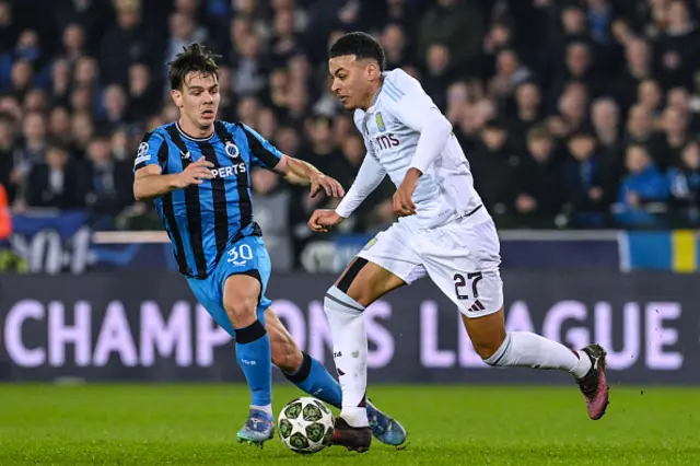 Morgan Rogers fights for the ball with Club Brugge's Swiss midfielder Ardon Jashari