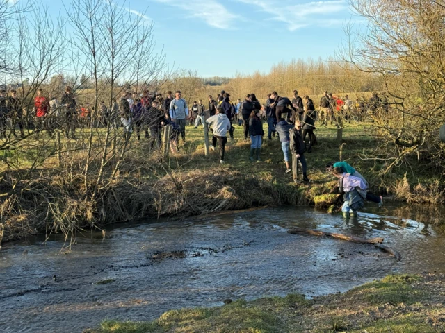 One person in a stream and a crowd of people can be seen by the water.