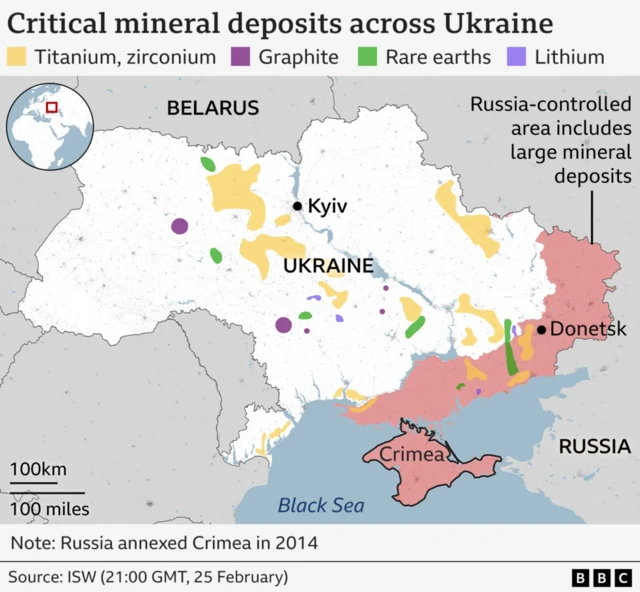 A map showing where the mineral deposits are in Ukraine. They are scattered along the centre of the country from top to bottom, with some in the Russia controlled areas of Donetsk