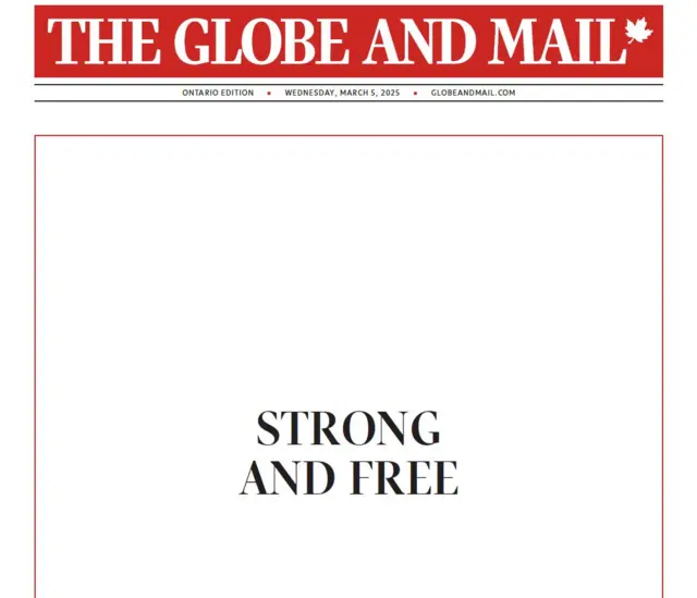 Front page of Globe and Mail saying "strong and free"