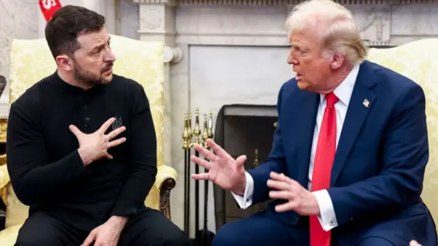 Trump and Zelensky point at one another as they speak in the Oval Office