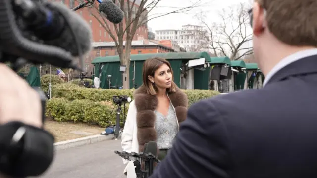 Alina Habba speaks to reporters outside the White House in February