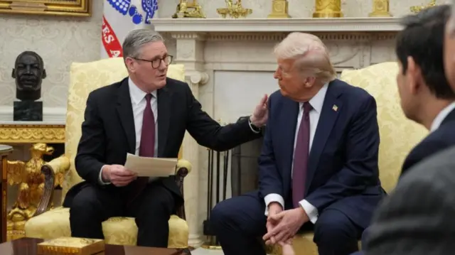 US President Donald J Trump (R) meets British Prime Minister Keir Starmer in the Oval Office of the White House in Washington DC