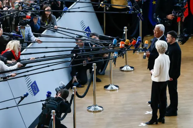 Zelensky, von der Leyen, Costa, at media scrum