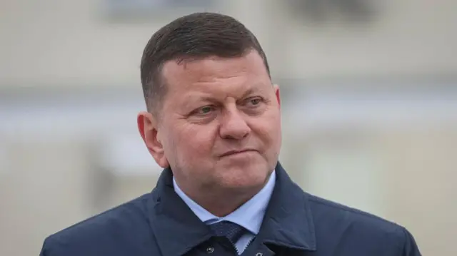 Ukrainian Ambassador to the United Kingdom Valerii Zaluzhnyi wears a blue jacket, shirt and tie.