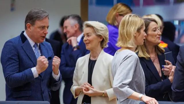 Belgian Prime Minister Bart De Wever, EU Commission president Ursula von der Leyen, EU High Representative for Foreign Affairs and Security Policy Kaja Kallas and EU Parliament President Roberta Metsola during a European Council meeting in Brussels, Belgium