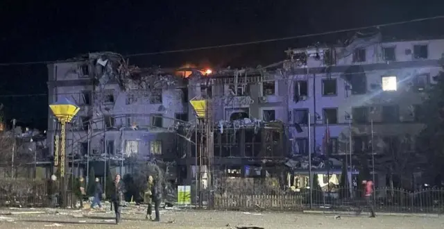 Central Hotel, in Kryvyi Rih, after it was hit by Russian strikes