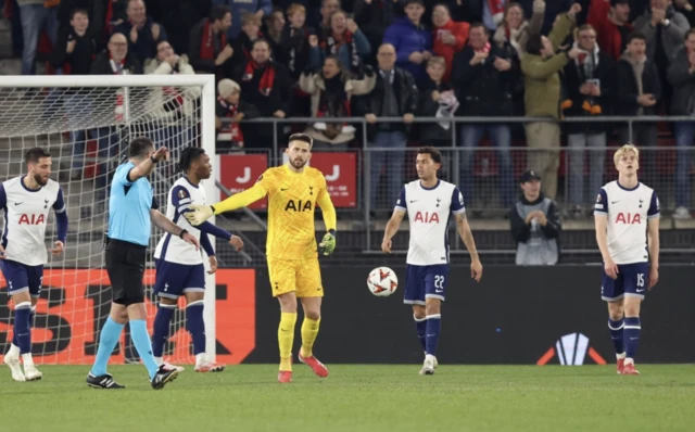 Tottenham Hotspur players react after Lucas Bergvall (second right) scores an own goal