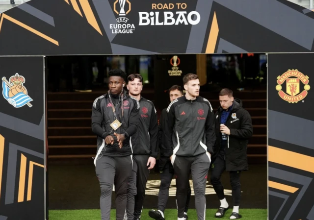 Manchester United goalkeeper Andre Onana (left) and team-mates ahead of the UEFA Europa League Round of 16