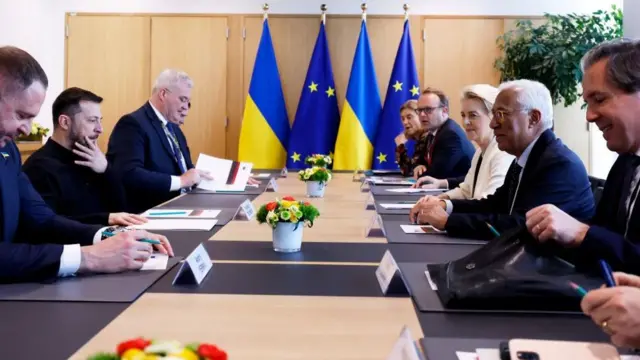 European Council President Antonio Costa, and European Commission President Ursula von der Leyen, meet with Ukraine’s President Volodymyr Zelenskyy, during a round table meeting at an EU Summit in Brussels,