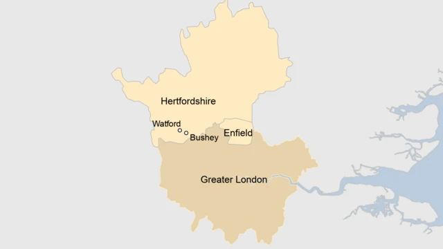 Map showing Bushey in relation to Watford in Hertfordshire, and the borough of Enfield in Greater London