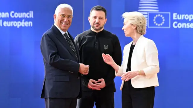 European Commission President Ursula von der Leyen (R) and Ukrainian President Volodymyr Zelenskyy (C) attend the 'Emergency Summit on Ukraine and Defense', which was chaired by European Council President Antonio Costa (L) in Brussels, Belgium on March 06, 2025.