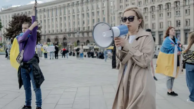Inna Sovsun, speaking at a rally in Kyiv last year