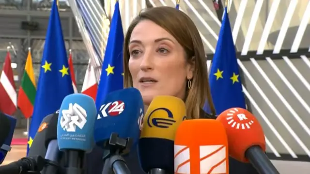 A woman with brown hair standing in front of EU flags. She has several press microphones jammed in her direction as she speaks