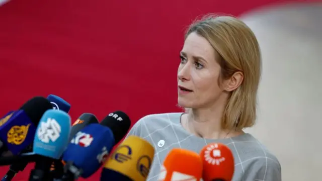 Kaja Kallas speaks to the media on the red carpet entrance to the meeting