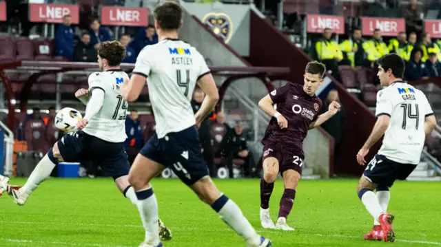 Sander Kartum scores for Hearts against Dundee