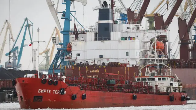 The Oil / Chemical Tanker Birthe Theresi sails along the Sea Canal of the Big Port on Kanonersky Island.