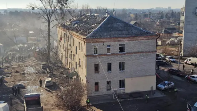 The site of an apartment building in Kharkiv hit by a Russian missile strike