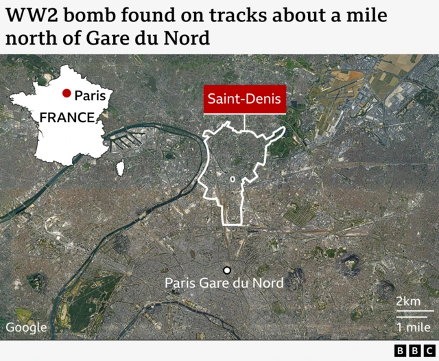 A map showing the location of Saint-Denis in relation to Paris Gare du Nord