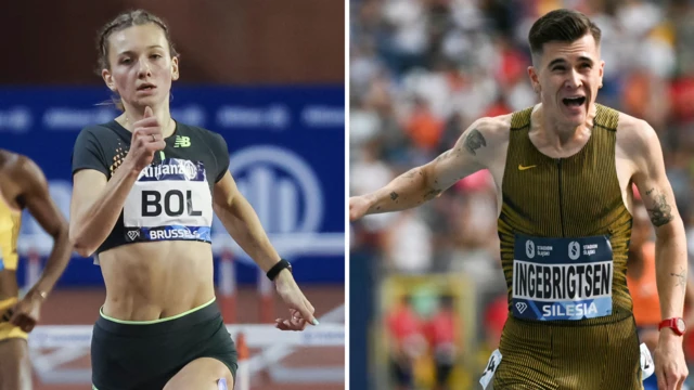 Netherlands' Femke Bol and Norway's Jakob Ingebrigsten run on the track