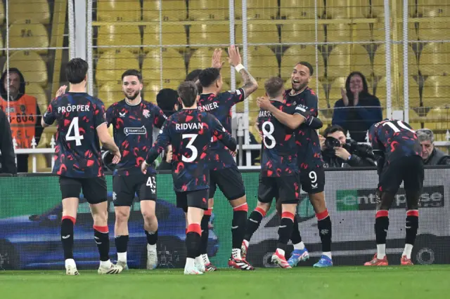 Rangers celebrating a goal against Fenerbahce